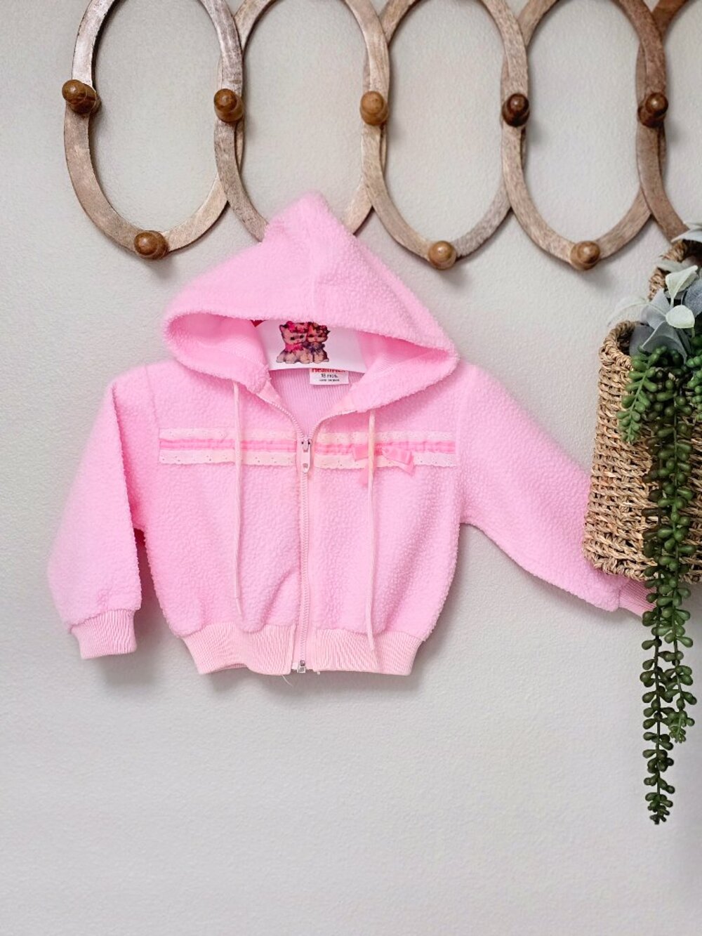 VTG 1980's Health-tex Coat 9-12 Months Pink & White Fleece Jacket Lace Healthtex
